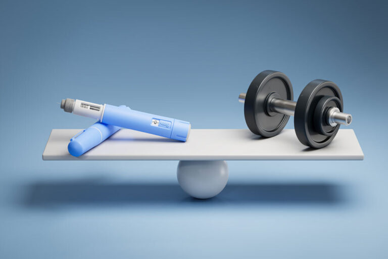 medication and a barbell balanced on a teeter-totter